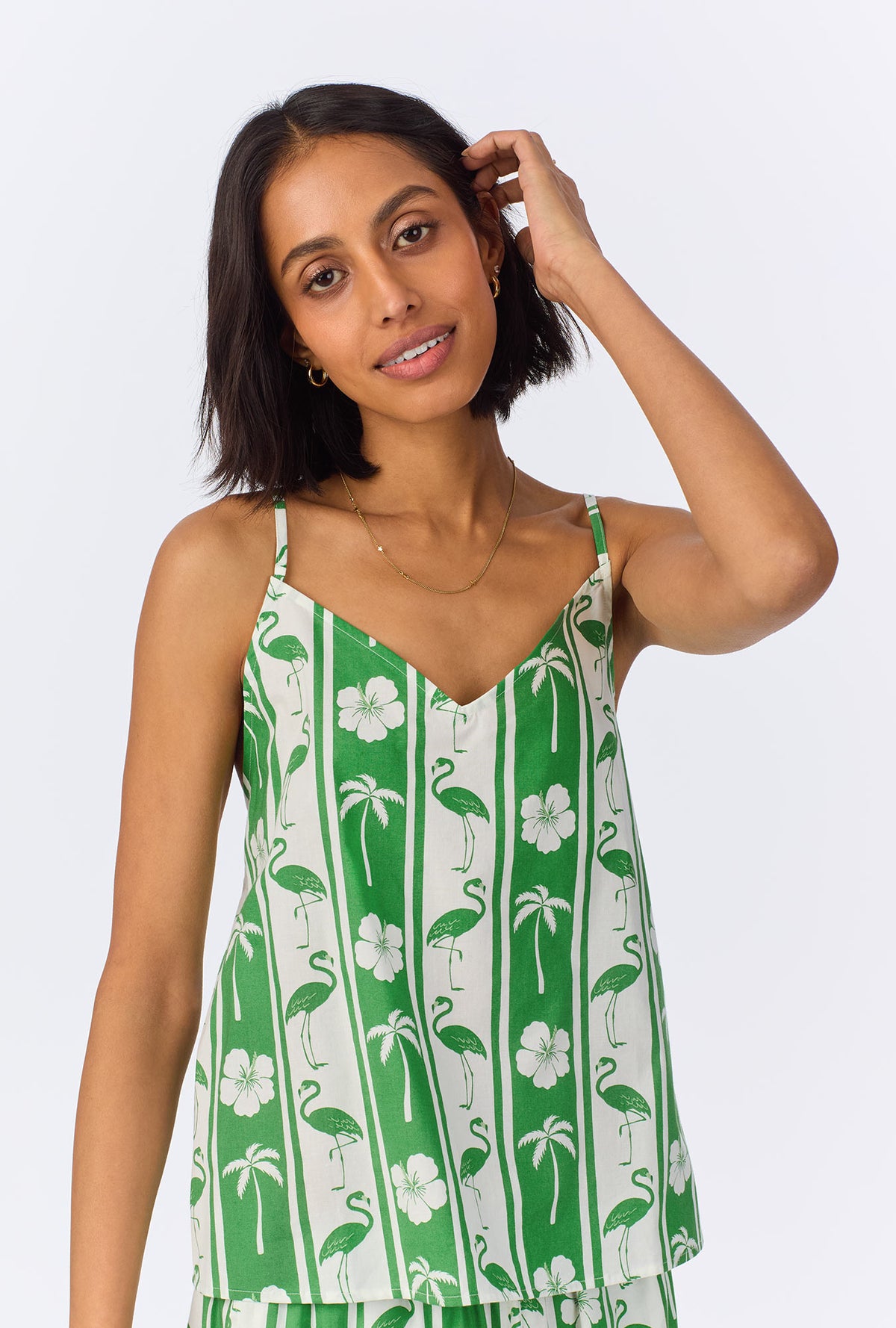 A lady wearing Aloha Stripe Cami Woven Cotton Poplin Cropped PJ Set