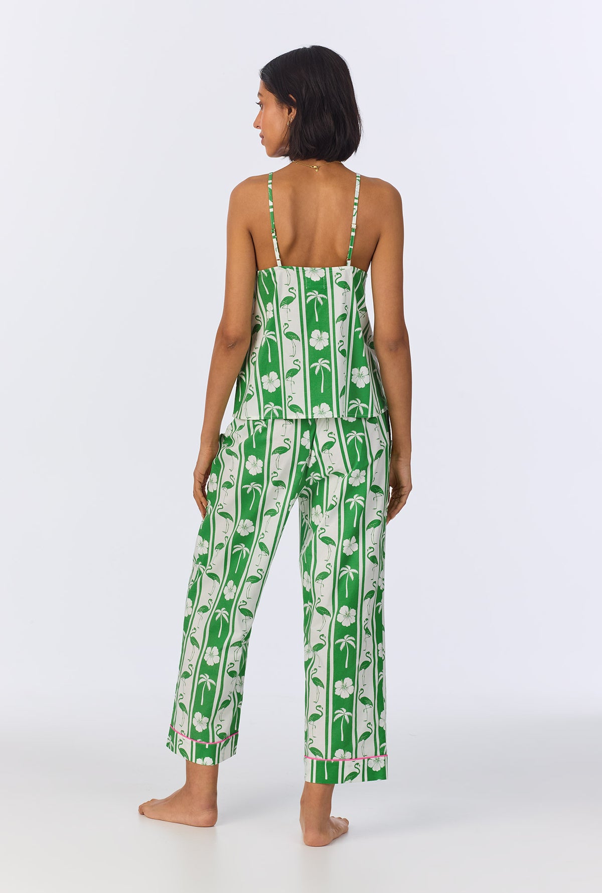 A lady wearing Aloha Stripe Cami Woven Cotton Poplin Cropped PJ Set