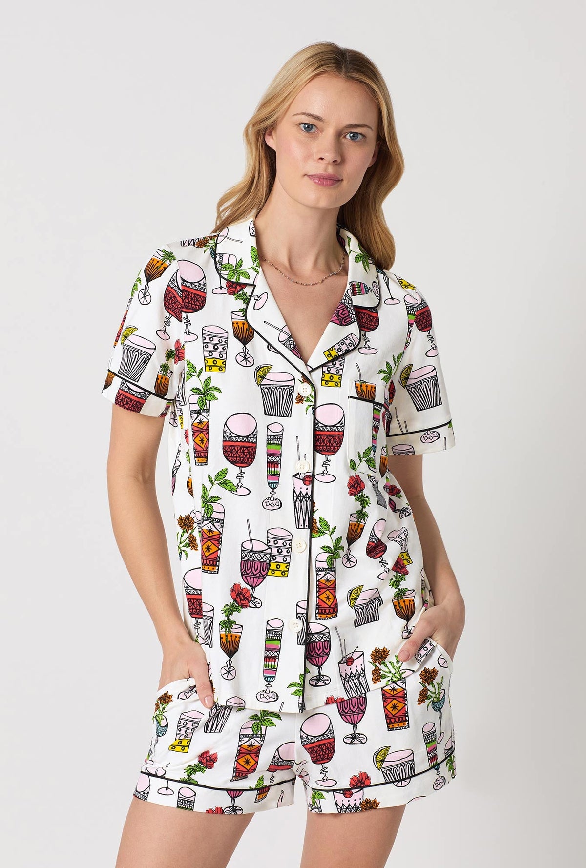 A closeup of A lady wearing  White Short Sleeve Classic Shorty Stretch Jersey Pj Set
