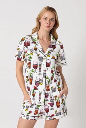 A closeup of A lady wearing  White Short Sleeve Classic Shorty Stretch Jersey Pj Set