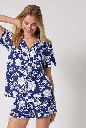 A Lady Wearing Dynasty Blue Short Sleeve Classic Shorty Stretch Jersey Pj Set in a front close up shot