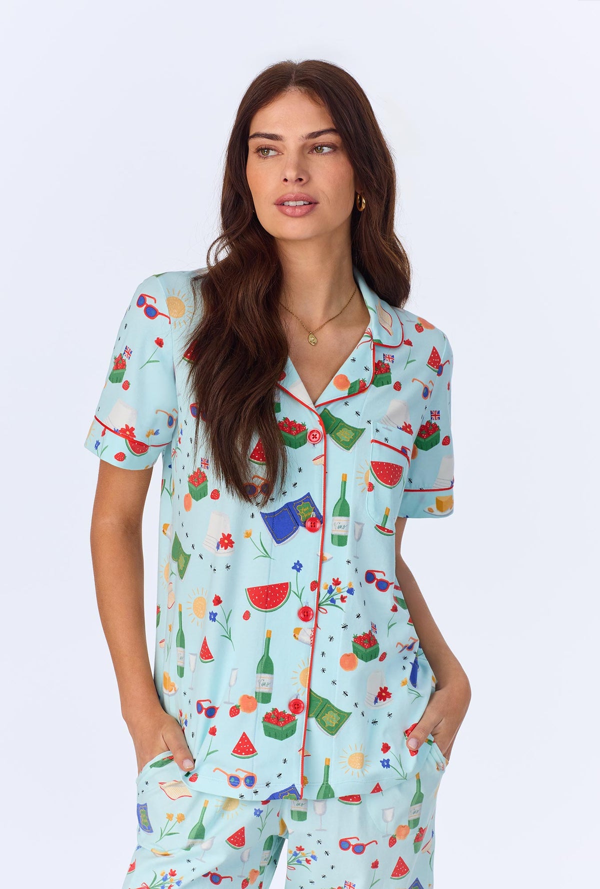 A lady wearing Garden Grazing  Short Sleeve Classic Stretch Jersey Cropped PJ Set