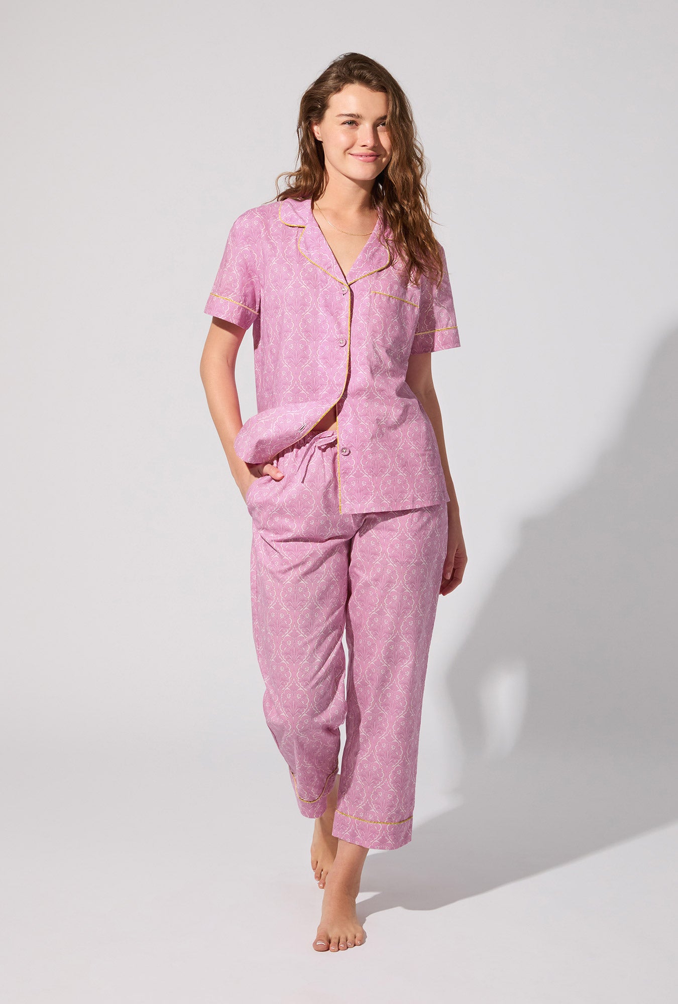 A lady wearing Colette Short Sleeve Classic Woven Cotton Poplin Cropped PJ Set