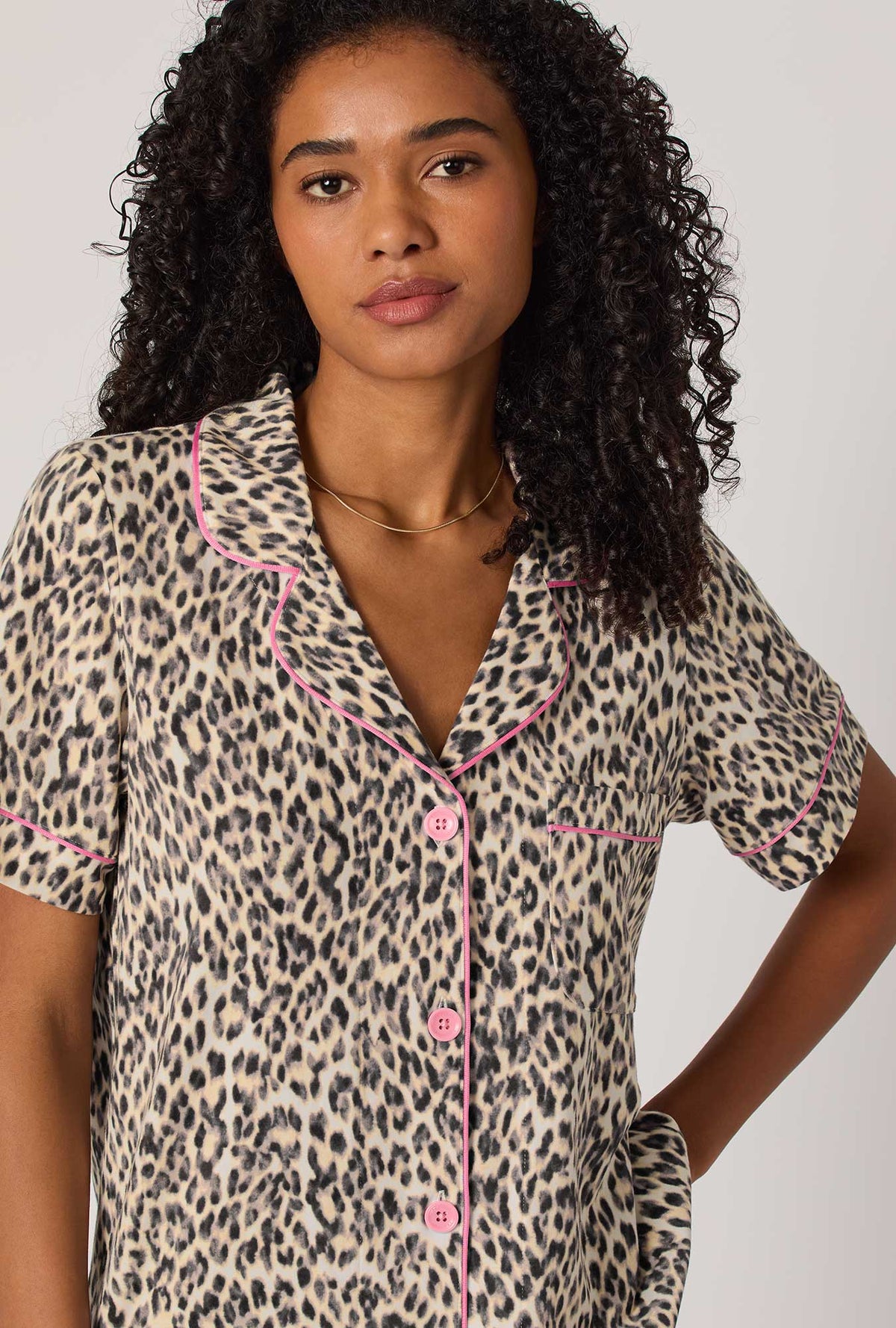 A lady wearing Wild Thing Short Sleeve Classic Stretch Jersey Cropped Pj Set