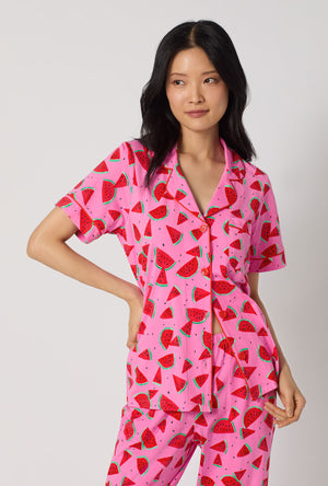 A lady wearing Watermelon Crush Short Sleeve Classic Stretch Jersey Cropped Pj Set closer look