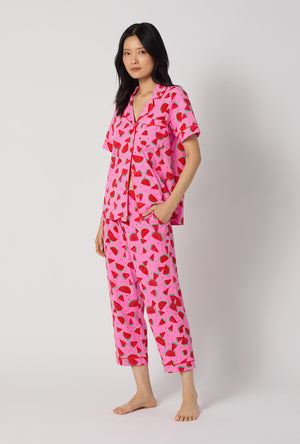 A lady wearing Watermelon Crush Short Sleeve Classic Stretch Jersey Cropped Pj Set