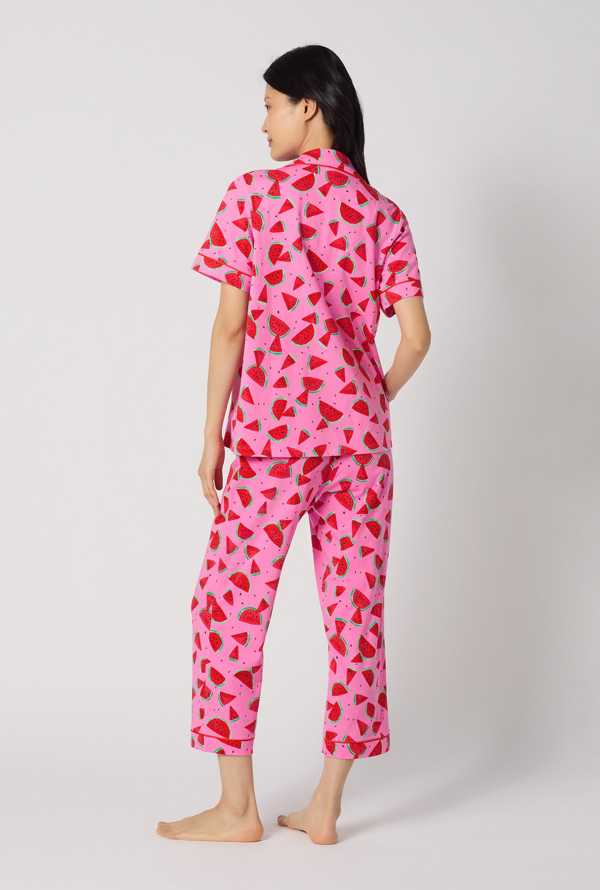 A lady wearing Watermelon Crush Short Sleeve Classic Stretch Jersey Cropped Pj Set back view