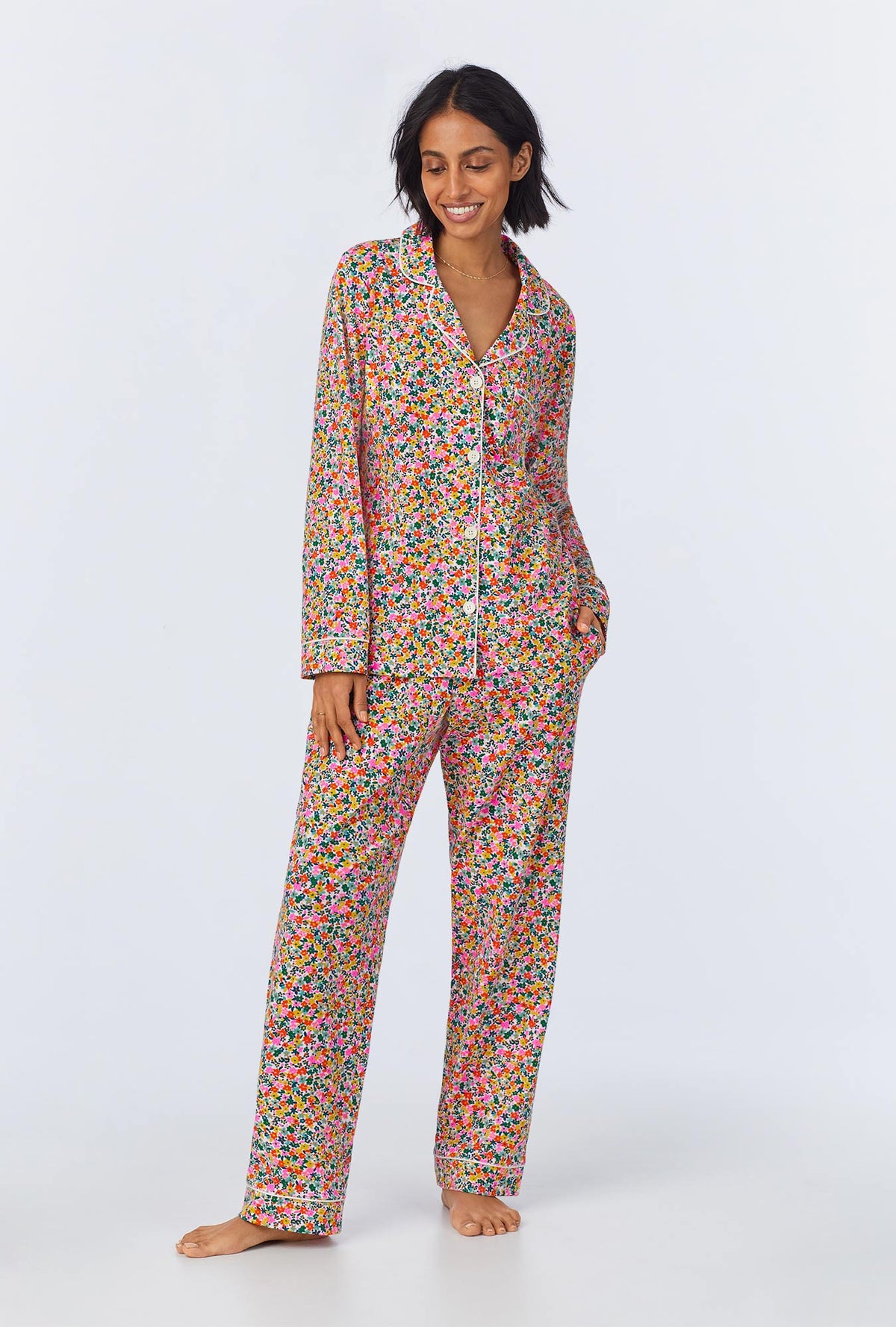 A lady wearing Fresh Picks Long Sleeve Classic Stretch Jersey PJ Set