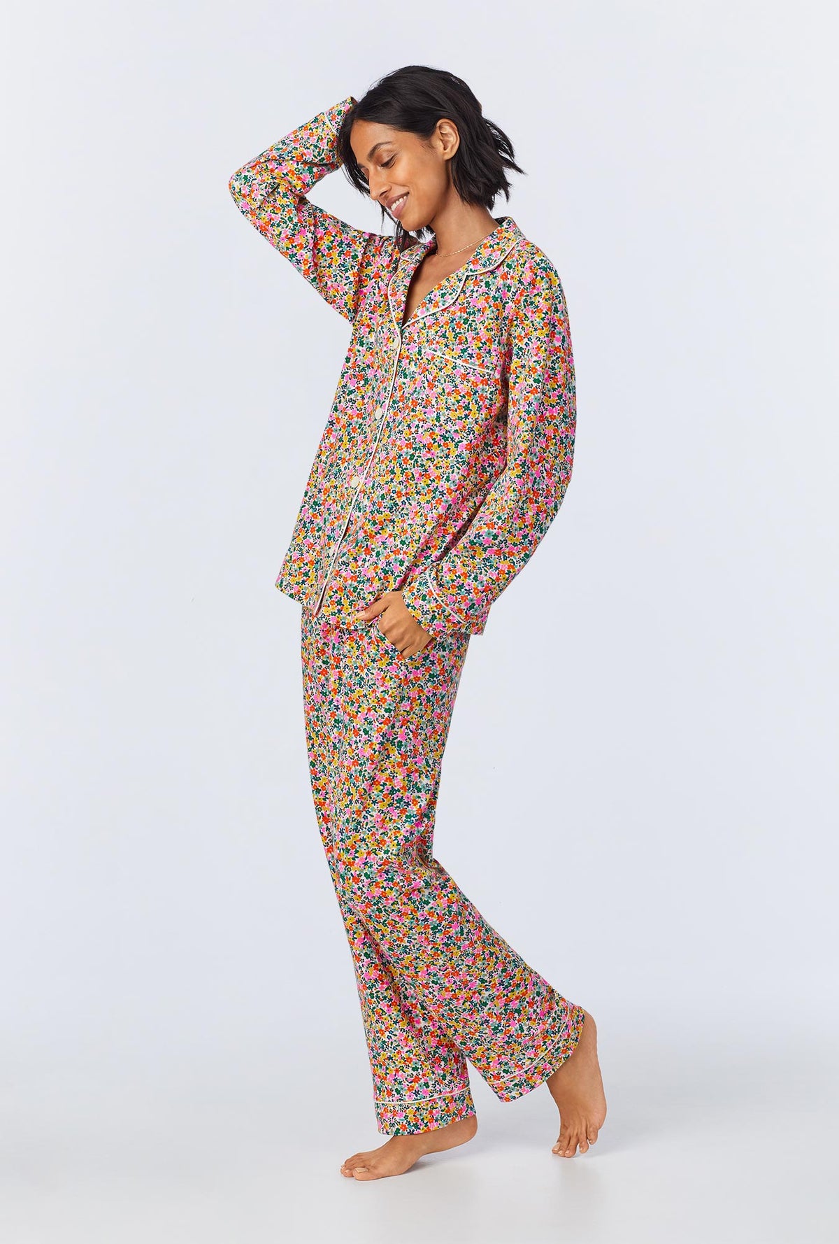 A lady wearing Fresh Picks Long Sleeve Classic Stretch Jersey PJ Set