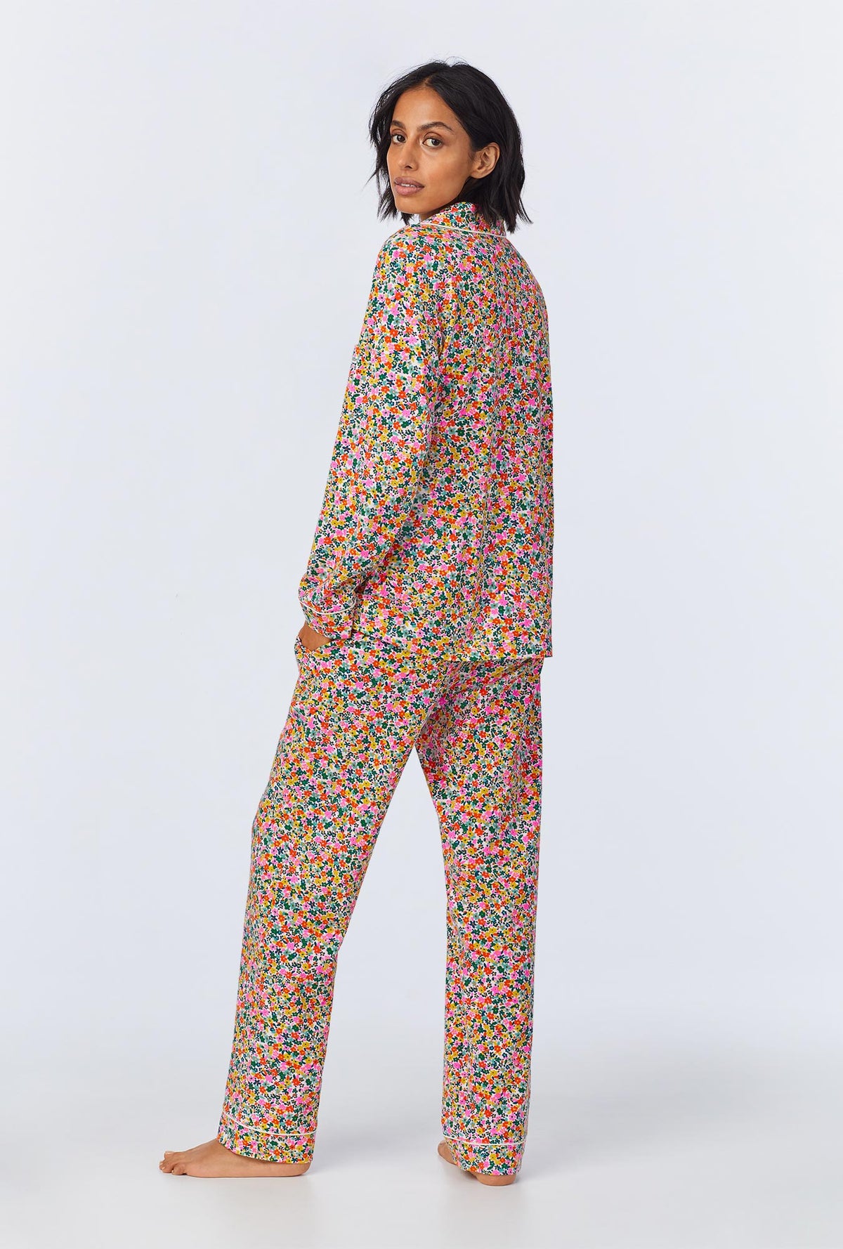 A lady wearing Fresh Picks Long Sleeve Classic Stretch Jersey PJ Set