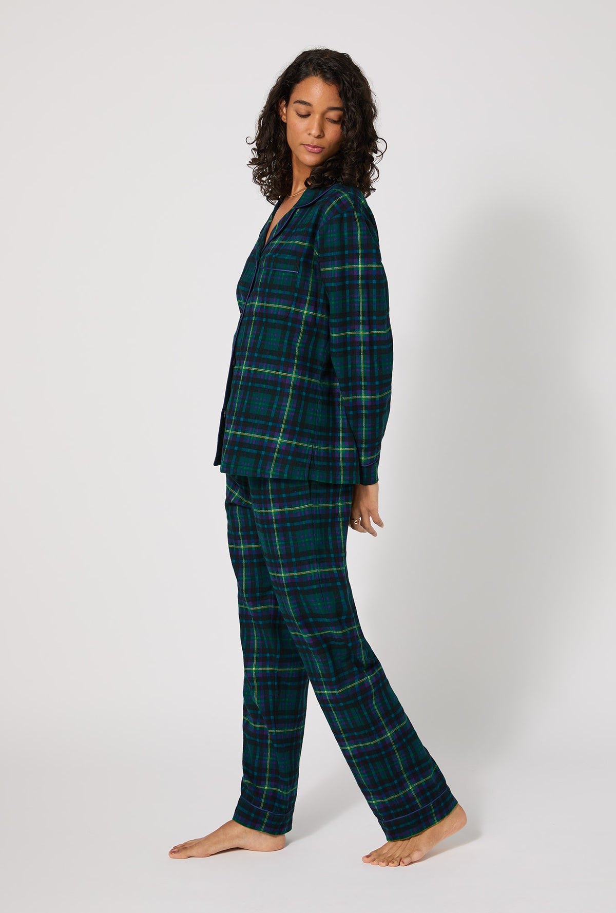 A lady wearing Walden Plaid Long Sleeve Classic Woven Portuguese Flannel PJ Set