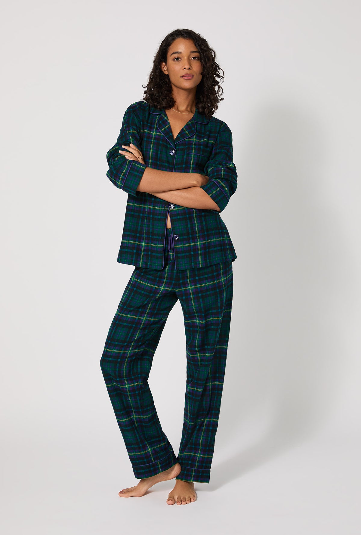 A lady wearing Walden Plaid Long Sleeve Classic Woven Portuguese Flannel PJ Set