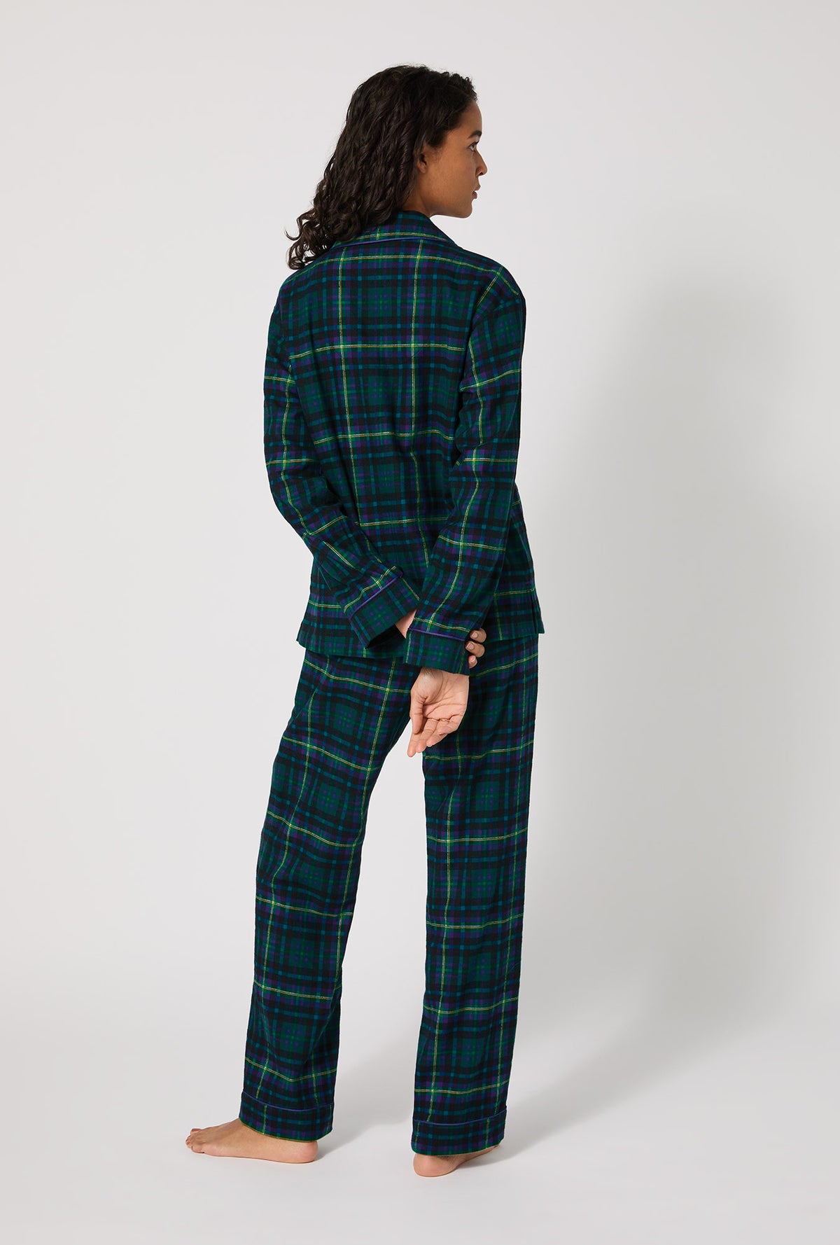A lady wearing Walden Plaid Long Sleeve Classic Woven Portuguese Flannel PJ Set