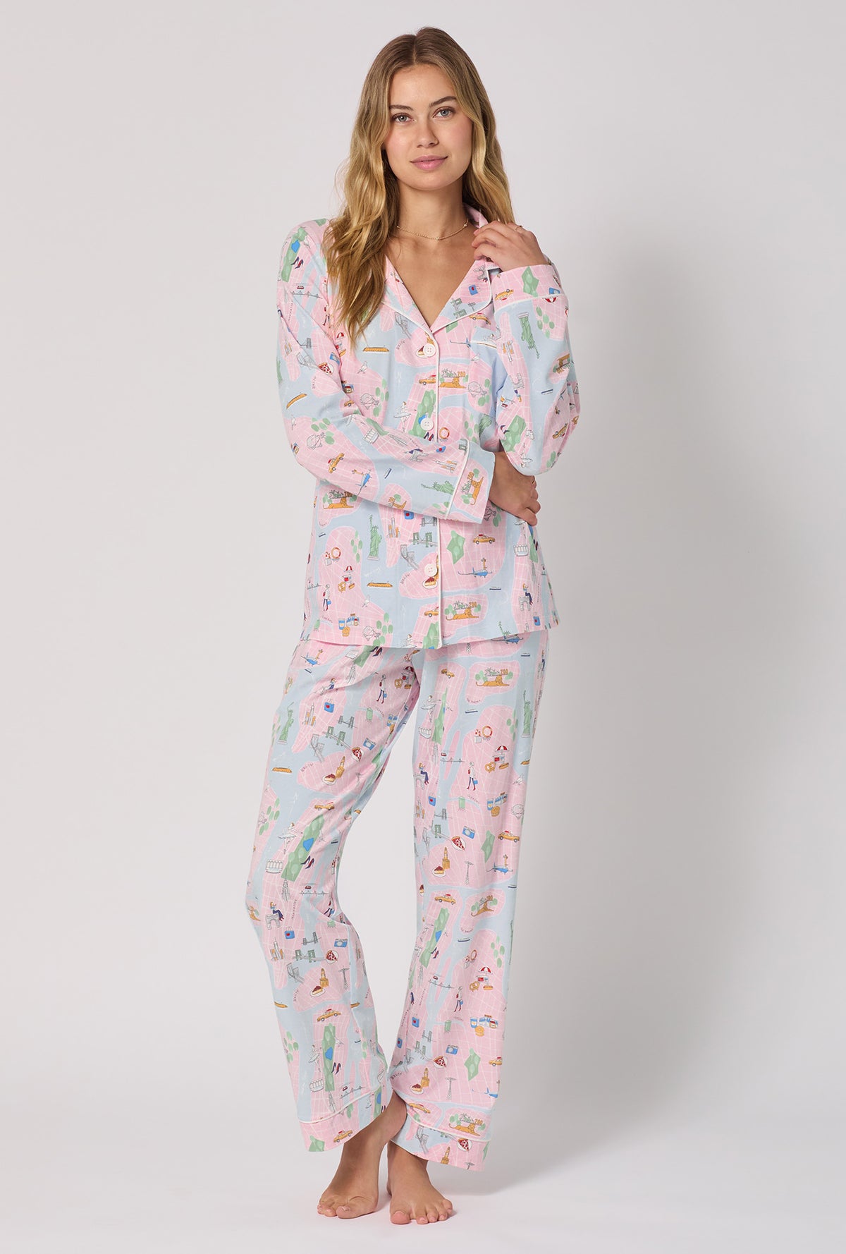 A lady wearing New York, New York Long Sleeve Classic Stretch Jersey Pj Set