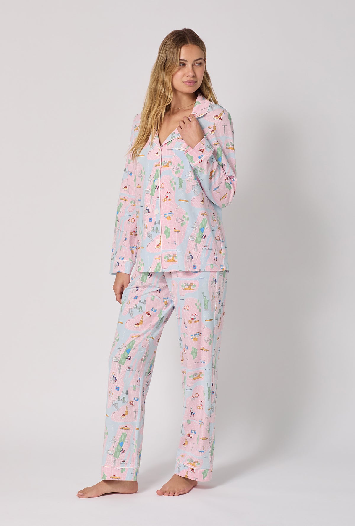 A lady wearing New York, New York Long Sleeve Classic Stretch Jersey Pj Set