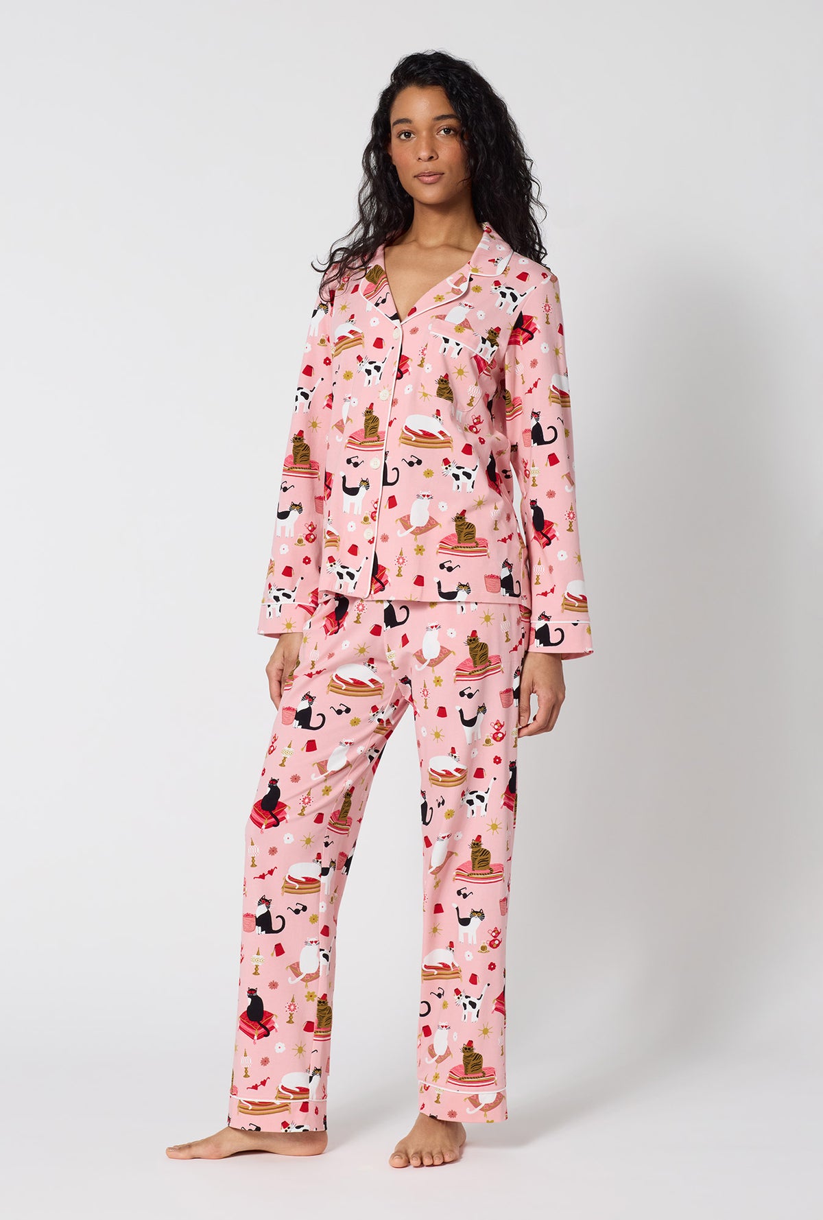 A Lady Wearing Bazaar Cats Long Sleeve Classic Stretch Jersey Pj Set in a front facing side angled pose
