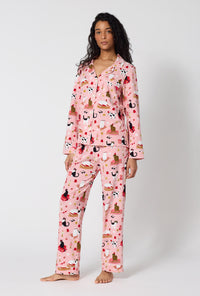A Lady Wearing Bazaar Cats Long Sleeve Classic Stretch Jersey Pj Set in a front facing side angled pose