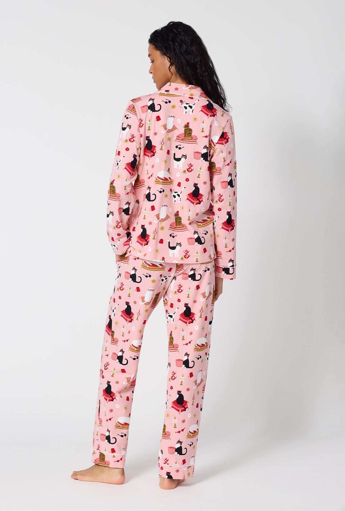 A Lady Wearing Bazaar Cats Long Sleeve Classic Stretch Jersey Pj Set in a back view pose