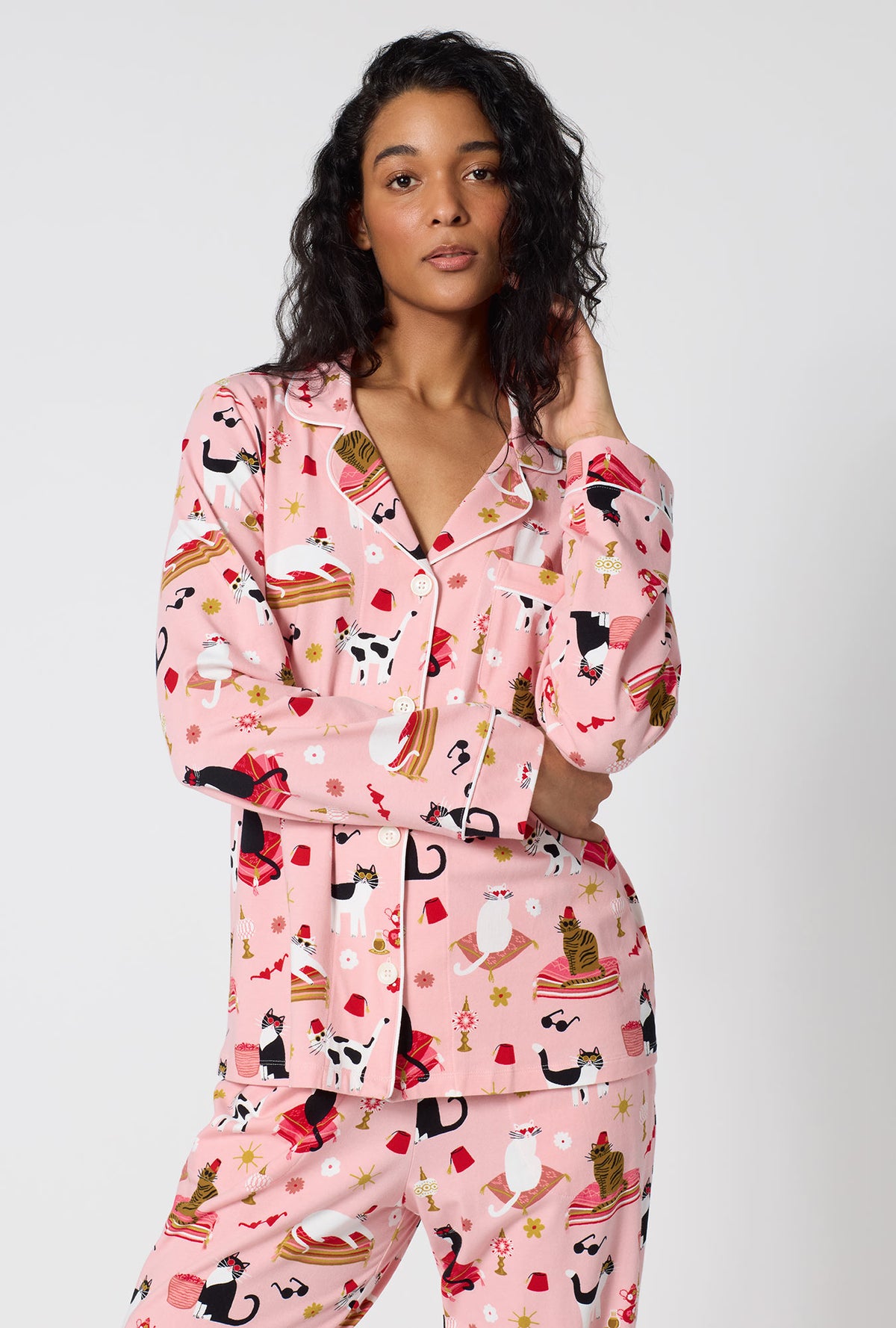 A Lady Wearing Bazaar Cats Long Sleeve Classic Stretch Jersey Pj Set in  a close up view pose