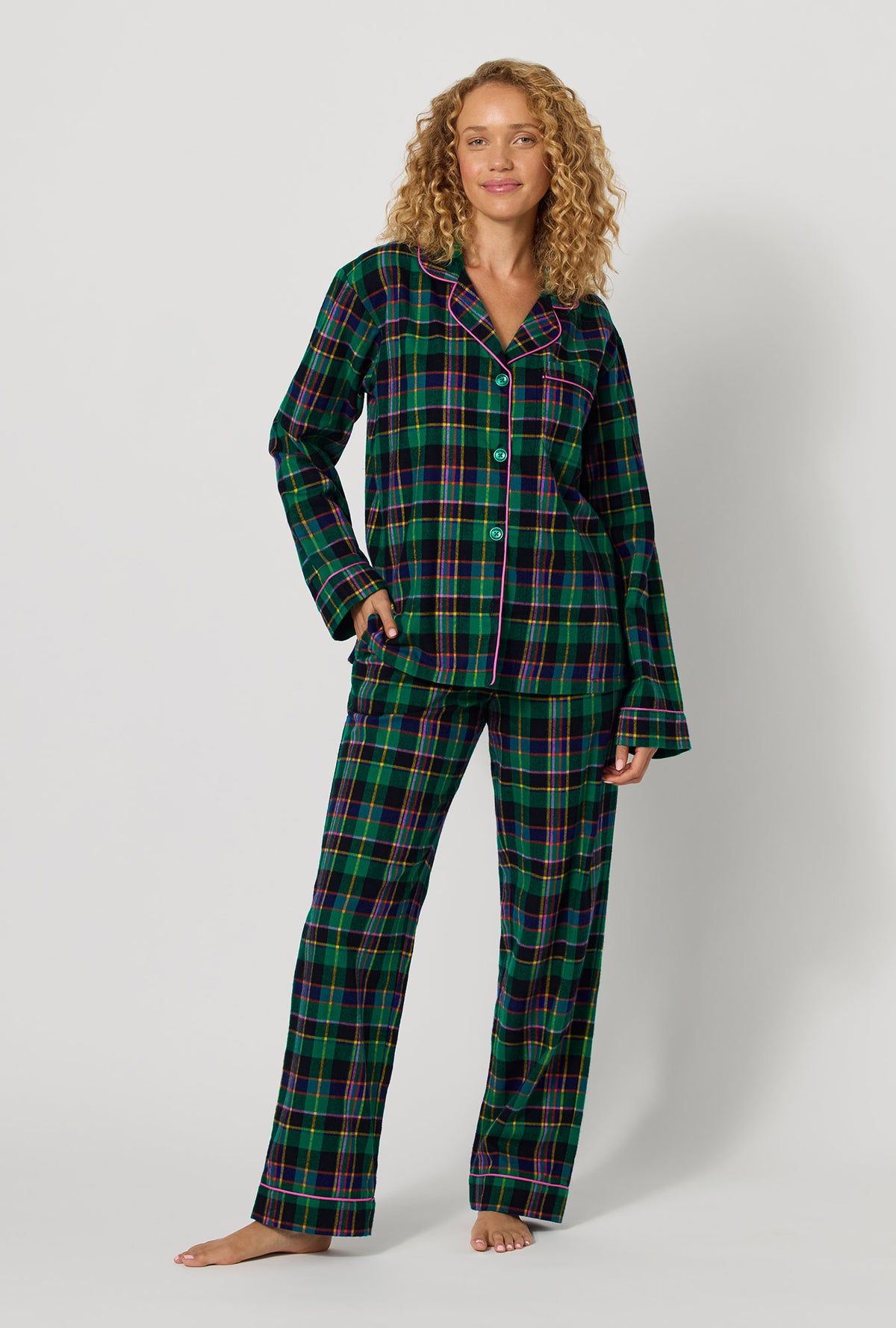A lady wearing Winter Plaid Long Sleeve Classic Woven Portuguese Flannel Pj Set
