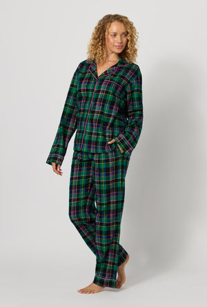 A lady wearing Winter Plaid Long Sleeve Classic Woven Portuguese Flannel Pj Set looking side