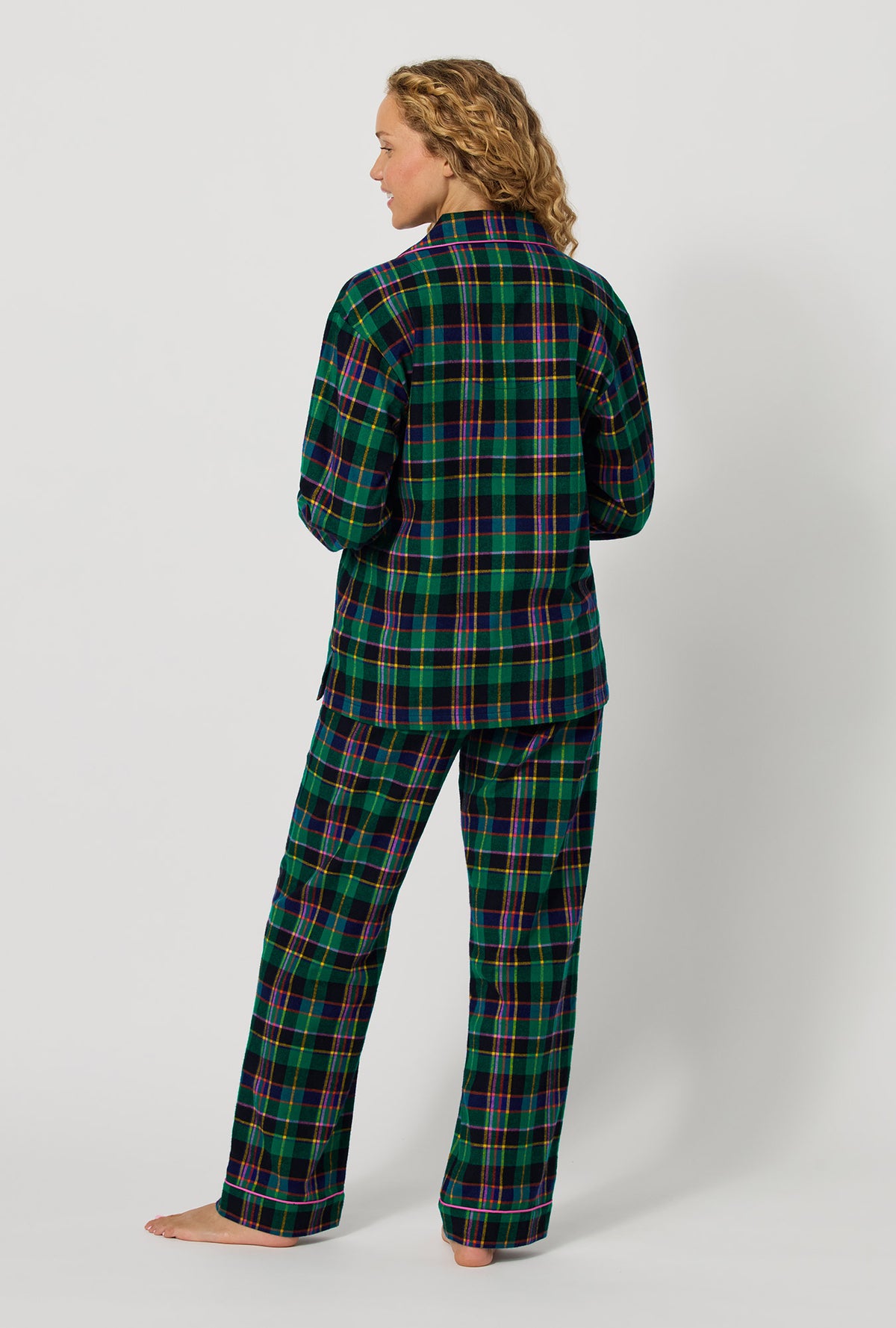 A lady wearing Winter Plaid Long Sleeve Classic Woven Portuguese Flannel Pj Set back view