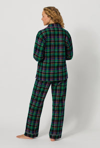 A lady wearing Winter Plaid Long Sleeve Classic Woven Portuguese Flannel Pj Set back view