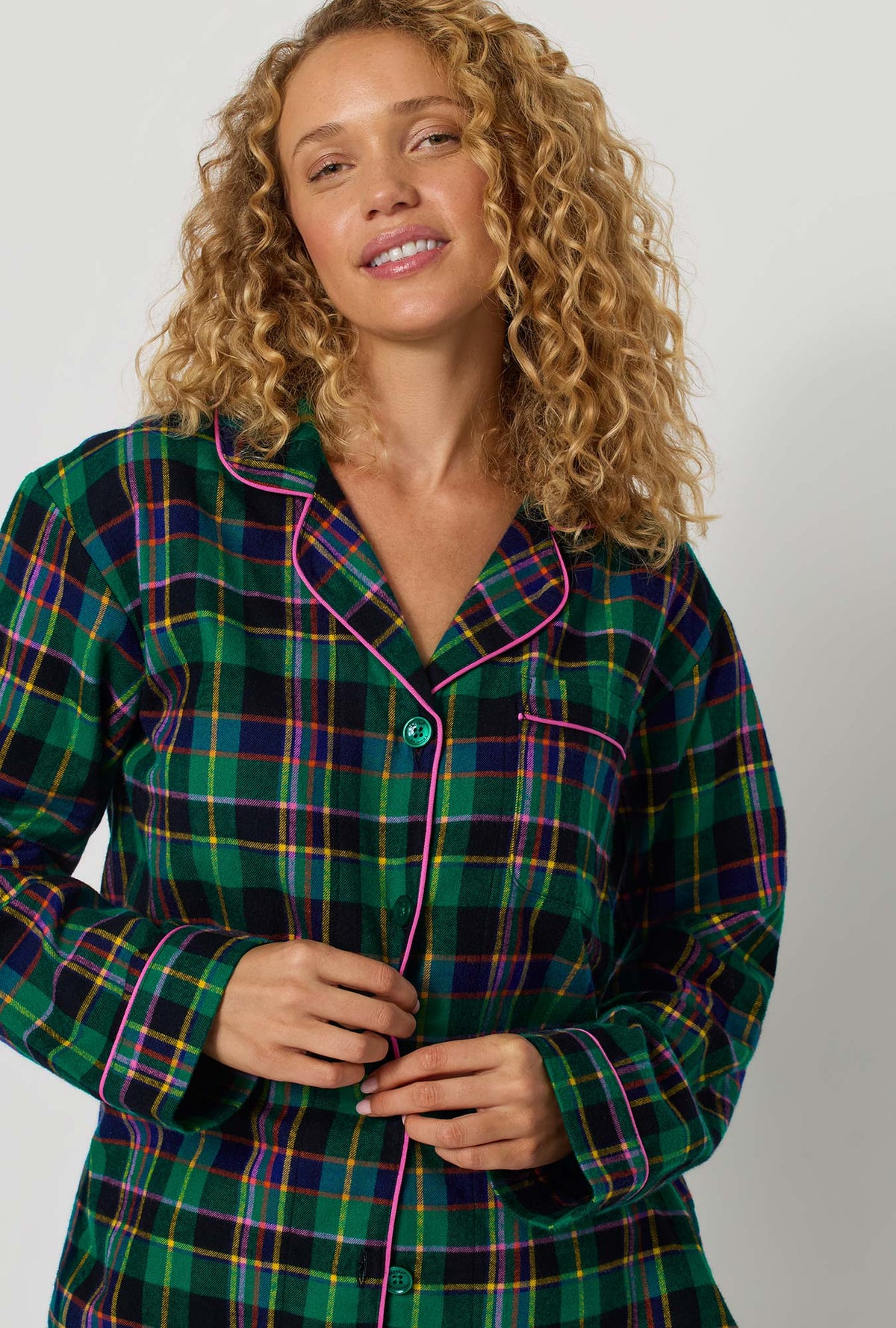 A lady wearing Winter Plaid Long Sleeve Classic Woven Portuguese Flannel Pj Set closer look