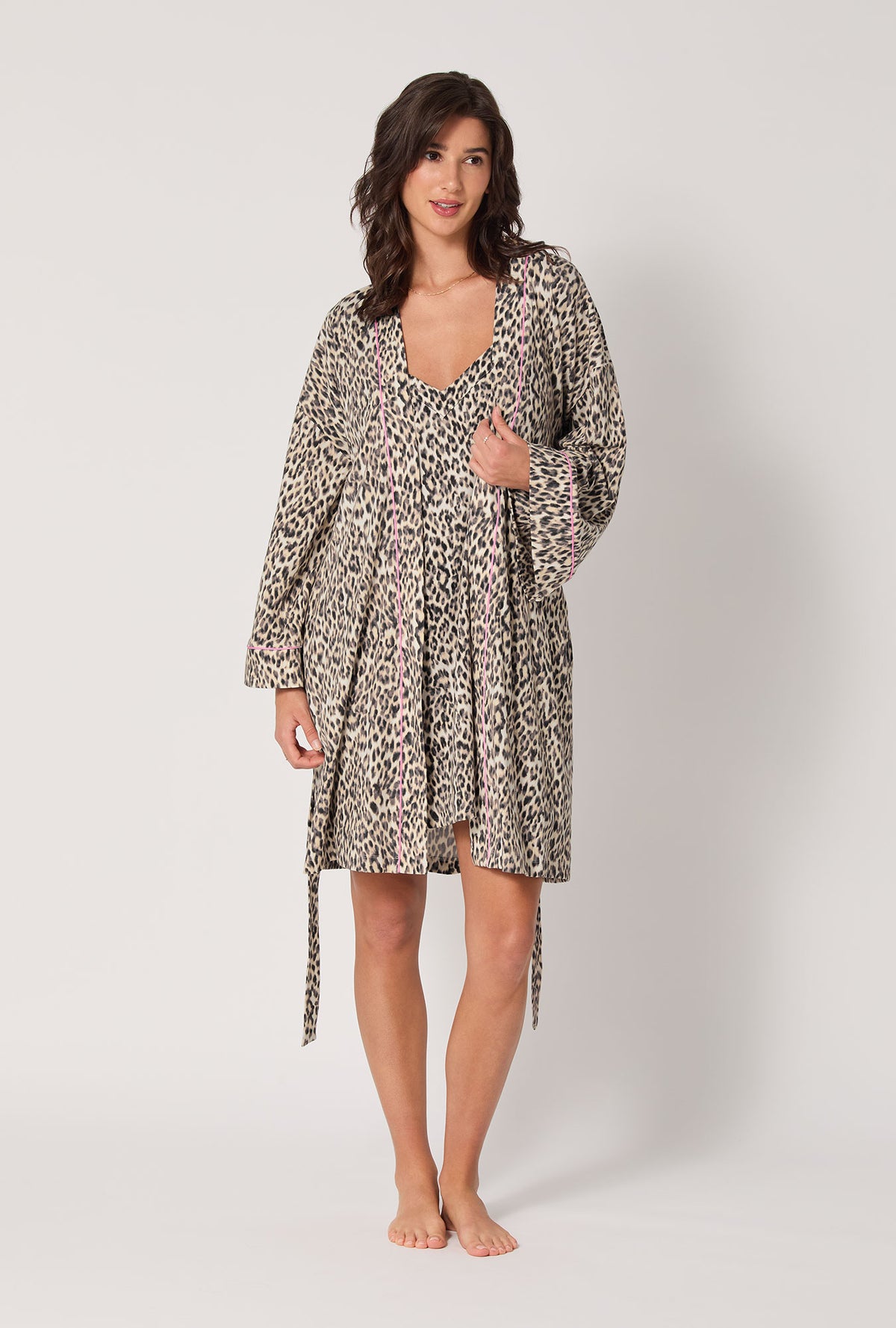 A lady wearing Wild Thing Banded Collar Stretch Jersey Robe