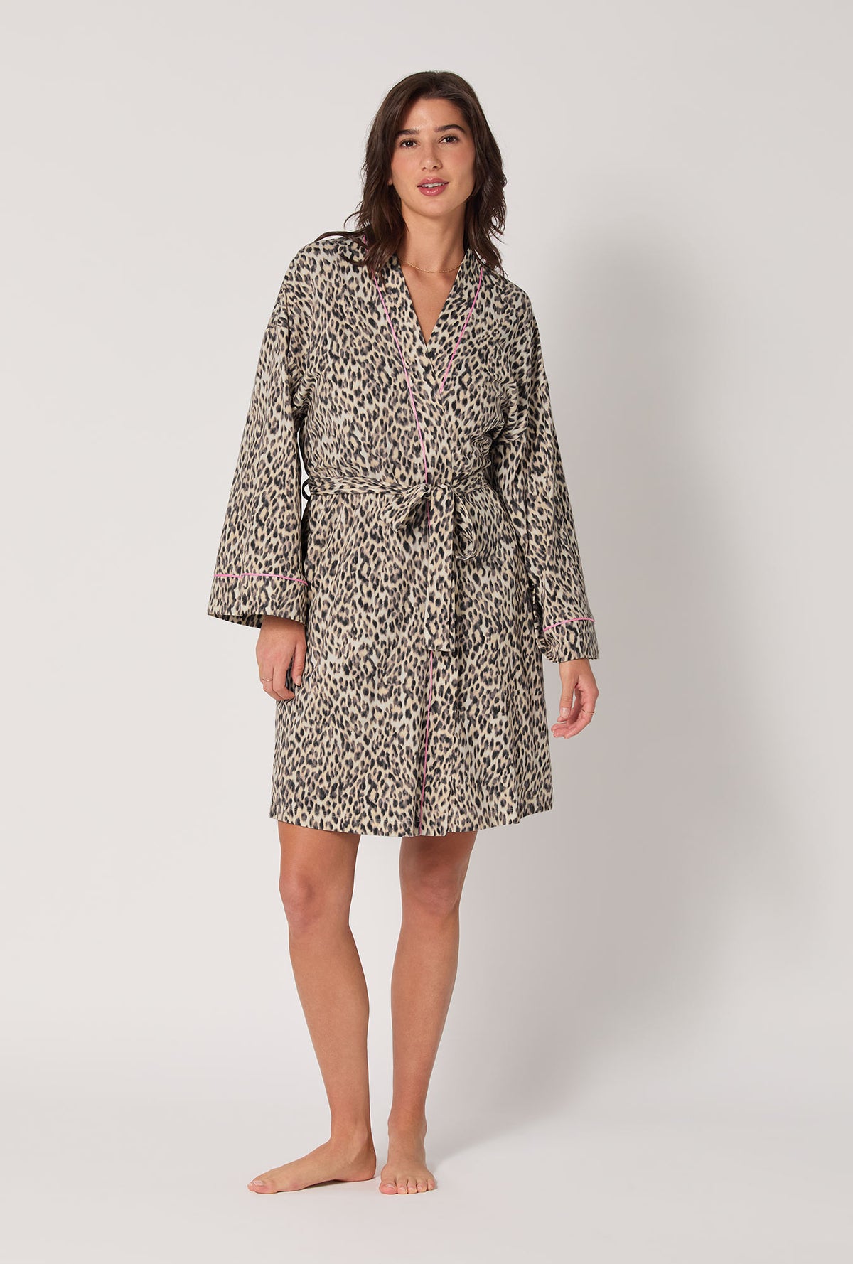 A lady wearing Wild Thing Banded Collar Stretch Jersey Robe