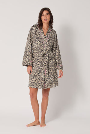 A lady wearing Wild Thing Banded Collar Stretch Jersey Robe