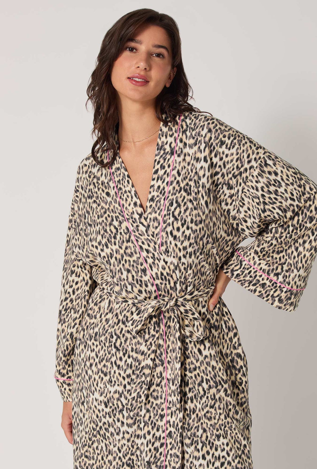 A lady wearing Wild Thing Banded Collar Stretch Jersey Robe