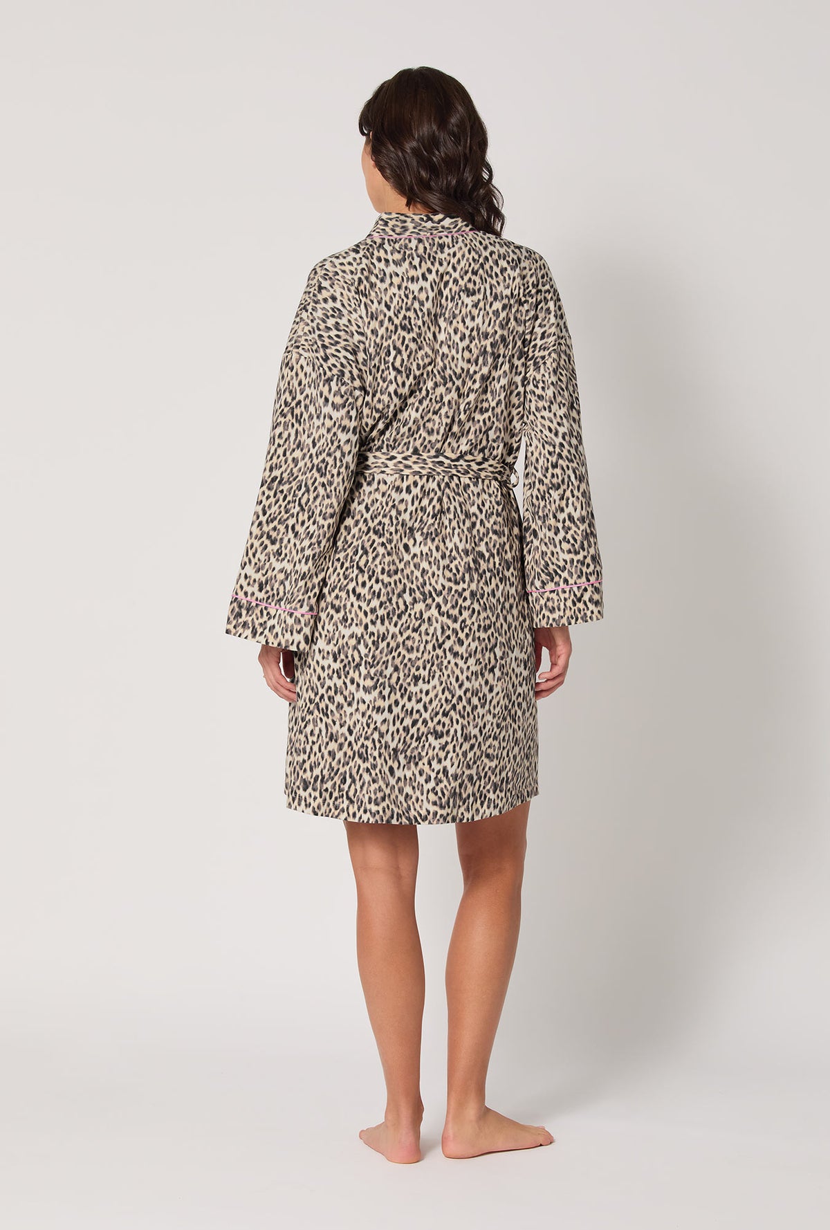 A lady wearing Wild Thing Banded Collar Stretch Jersey Robe