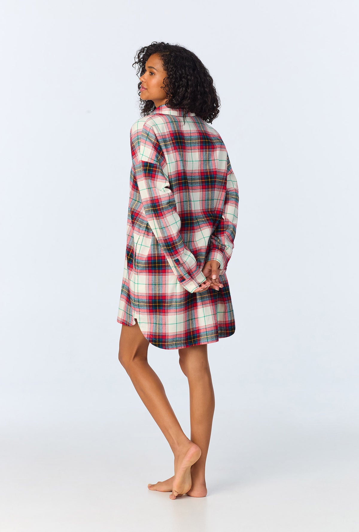 A lady wearing Winter Tartan High Low Woven Portuguese Flannel Boyfriend Shirt