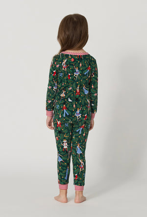 A Girl wearing Rifle Paper Co. x BedHead PJs Nutcracker Long Sleeve Stretch Jersey Kids Pj Set back view