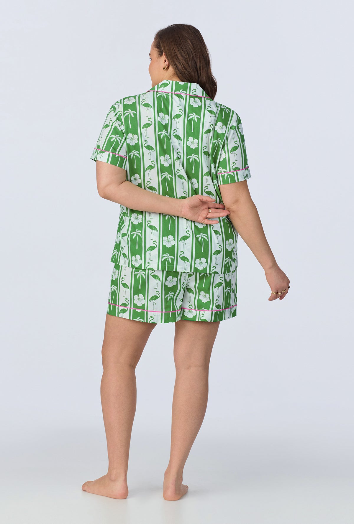 A lady wearing Aloha Stripe Short Sleeve Classic Woven Cotton Poplin Shorty PJ Set