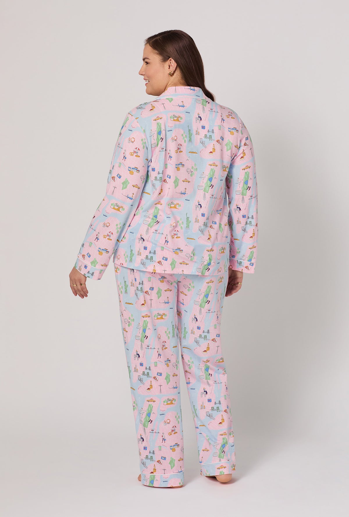 A lady wearing plus size New York, New York Long Sleeve Classic Stretch Jersey Pj Set