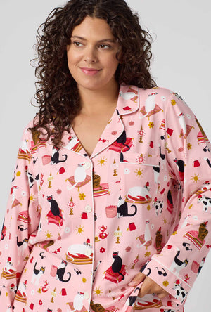A Lady Wearing Plus Size Bazaar Cats Long Sleeve Classic Stretch Jersey Pj Set in a front close up shot