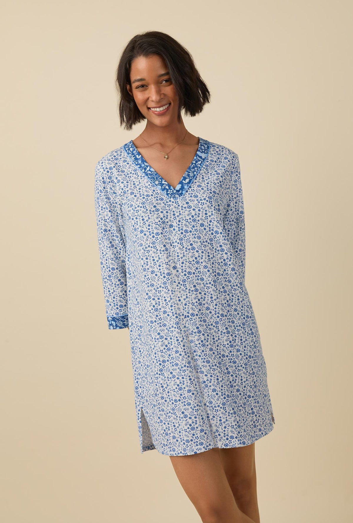 A lady wearing quarter Sleeve Stretch Jersey Sleepshirt with Woodland Trails print 