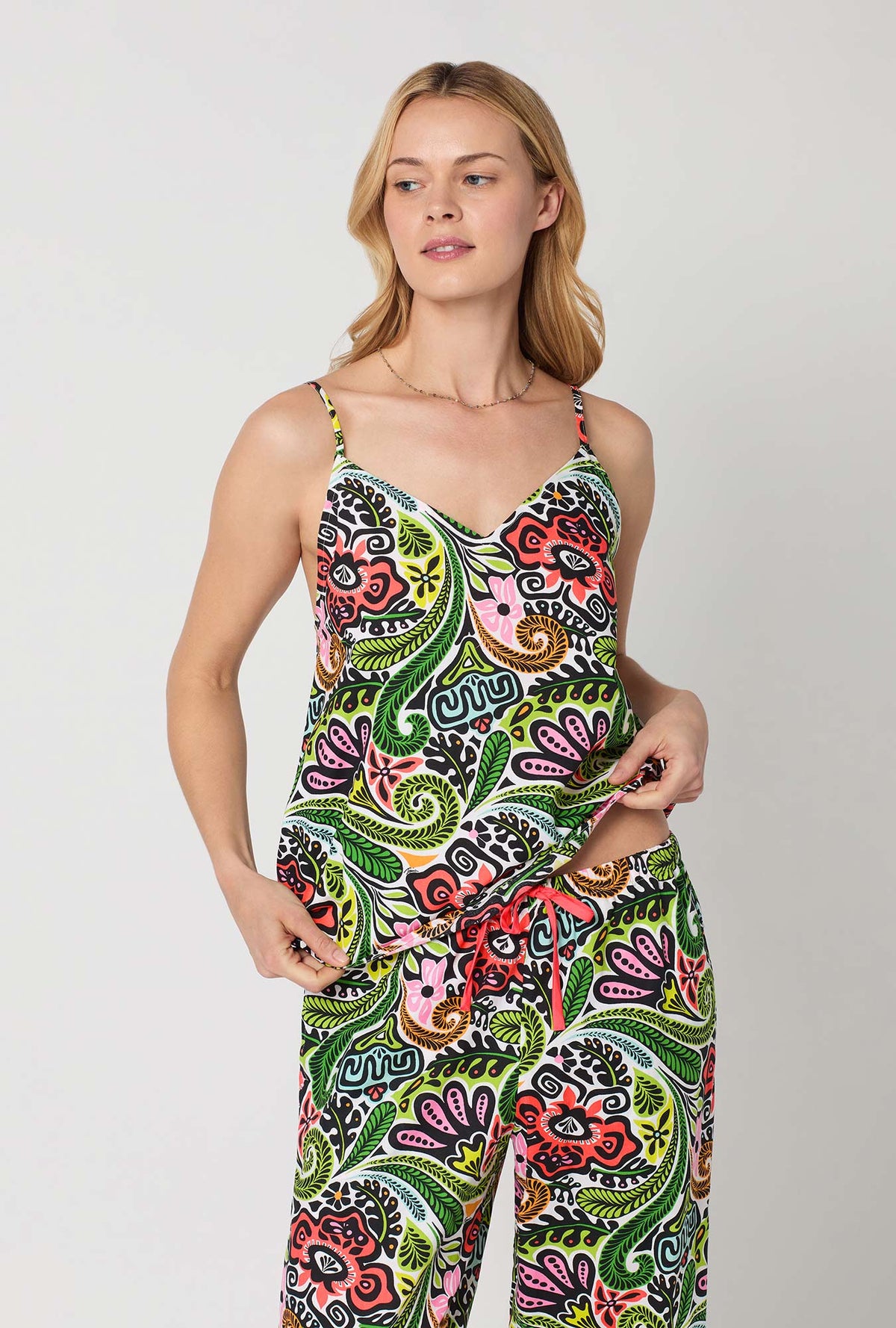 A closeup of A lady wearing  Multi-Color Cami Woven Cotton Poplin Cropped Pj Set
