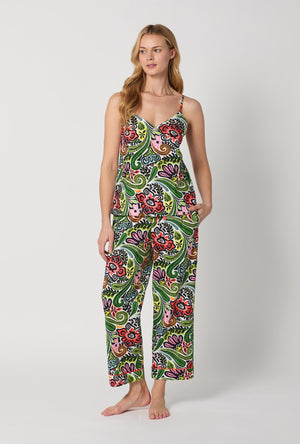 A lady wearing  Multi-Color Cami Woven Cotton Poplin Cropped Pj Set front view