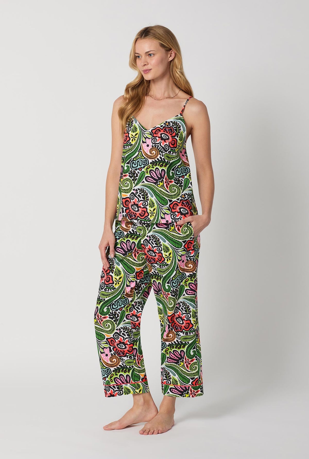 A lady wearing  Multi-Color Cami Woven Cotton Poplin Cropped Pj Set side view