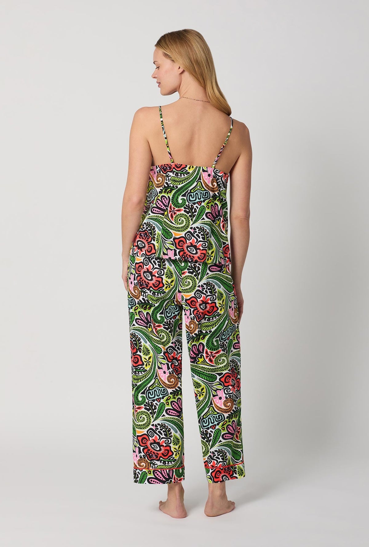 A lady wearing  Multi-Color Cami Woven Cotton Poplin Cropped Pj Set back view