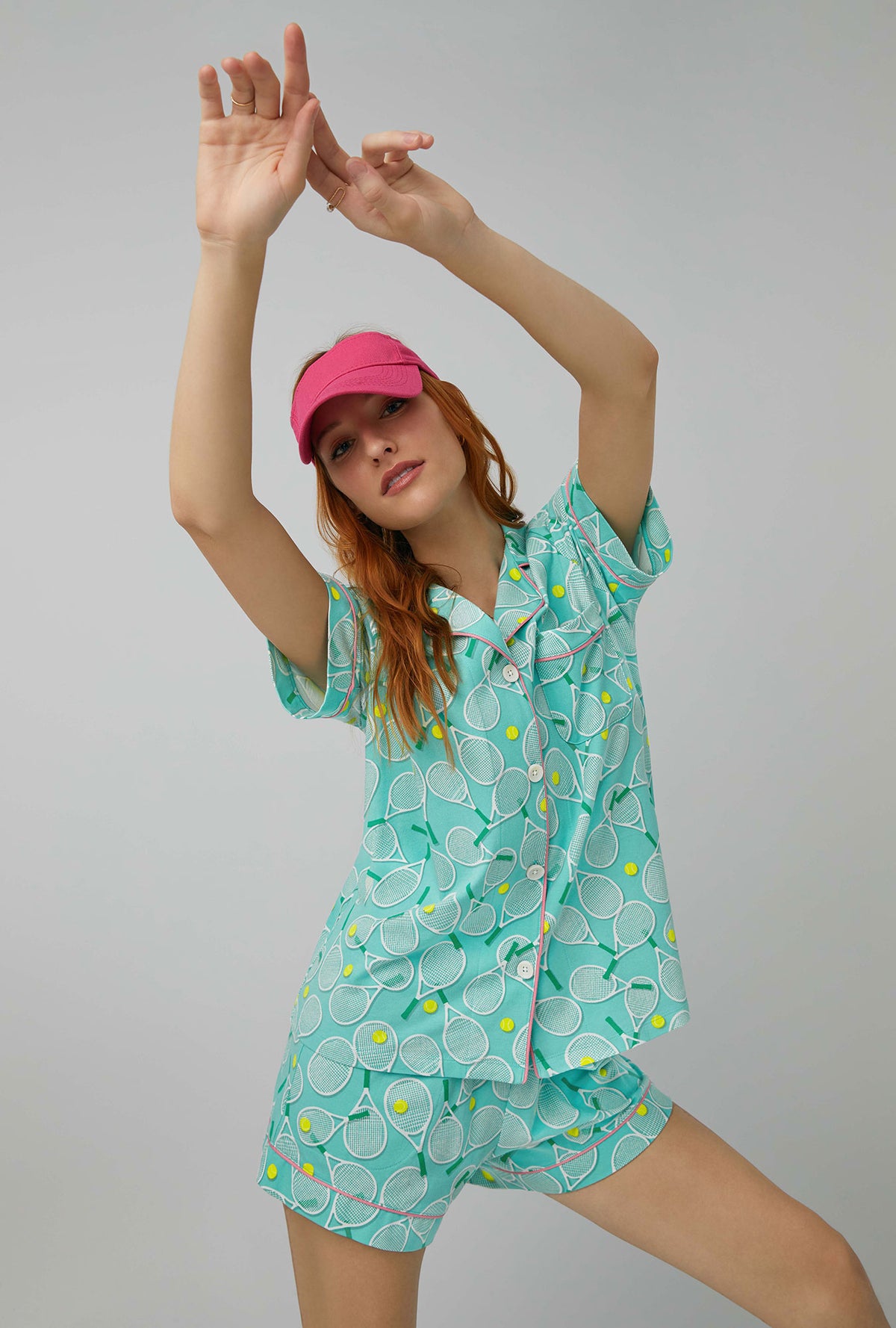 A lady wearing green Short Sleeve Classic Shorty Stretch Jersey PJ Set with Tennis Club print