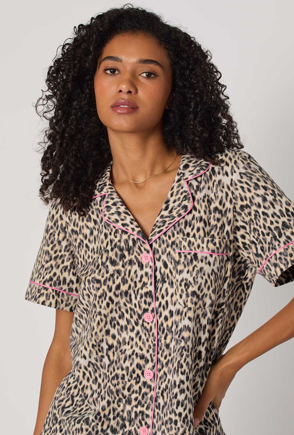 A lady wearing Wild Thing Short Sleeve Classic Shorty Stretch Jersey Pj Set