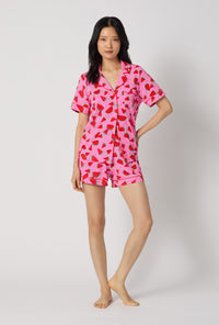 A lady wearing Watermelon Crush Short Sleeve Classic Shorty Stretch Jersey Pj Set