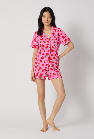 A lady wearing Watermelon Crush Short Sleeve Classic Shorty Stretch Jersey Pj Set