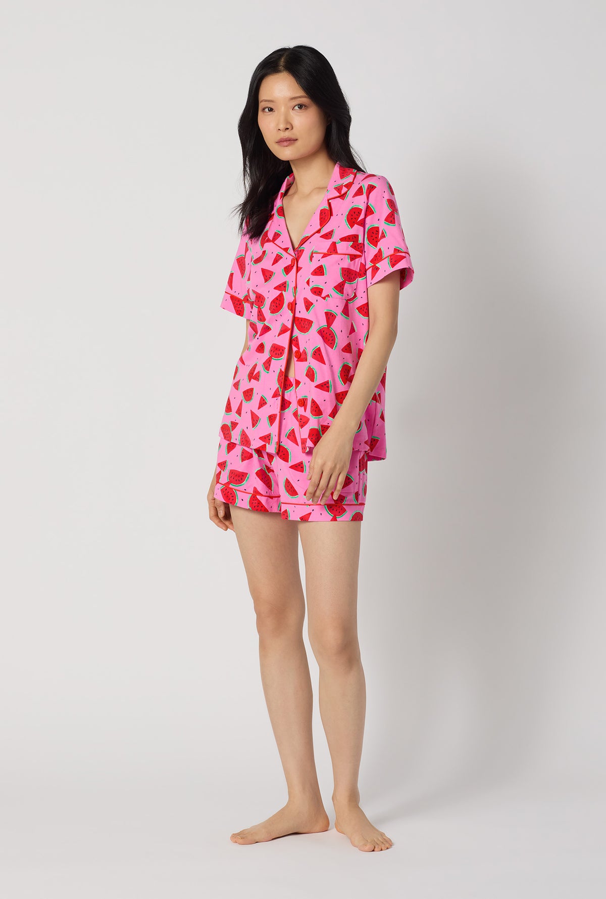 A lady wearing Watermelon Crush Short Sleeve Classic Shorty Stretch Jersey Pj Set looking front