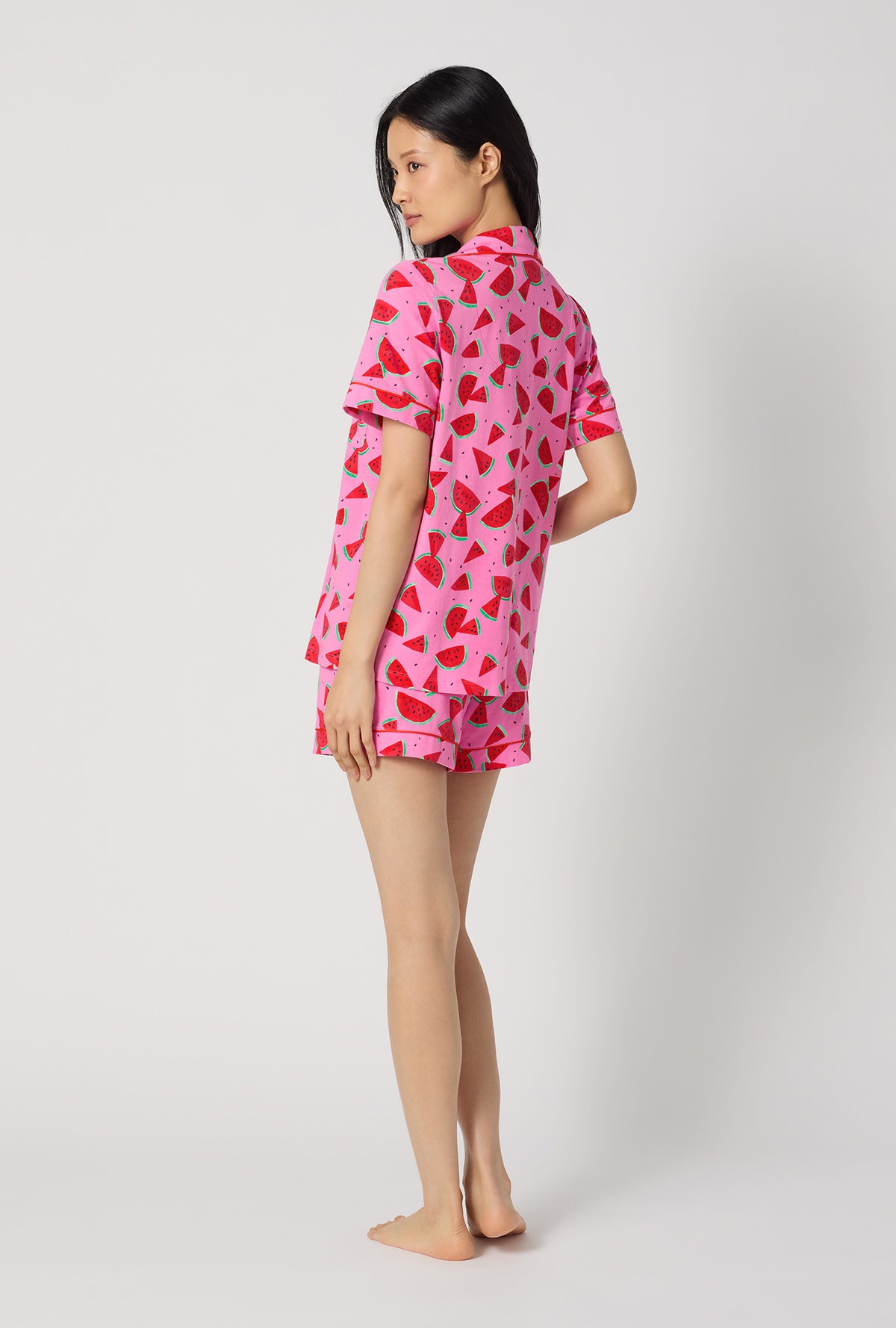 A lady wearing Watermelon Crush Short Sleeve Classic Shorty Stretch Jersey Pj Set back view