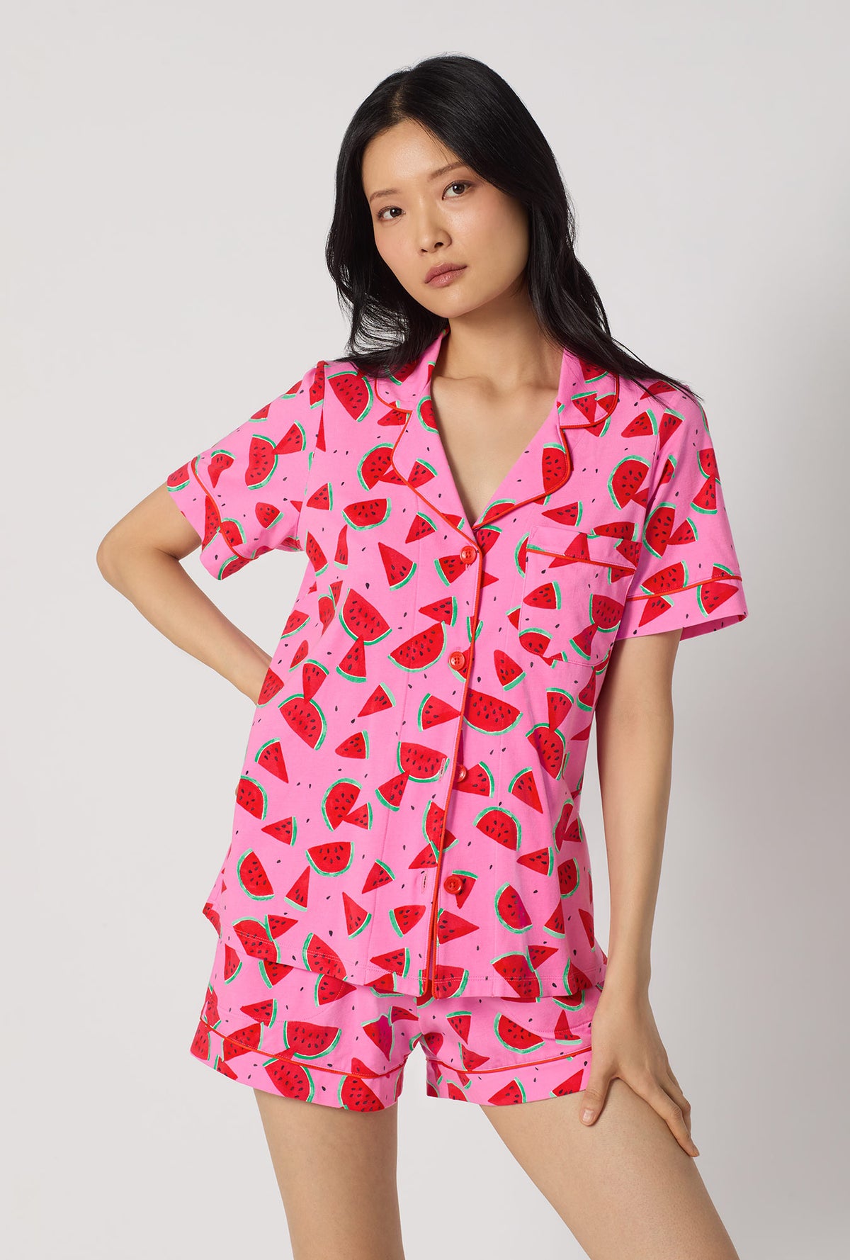 A lady wearing Watermelon Crush Short Sleeve Classic Shorty Stretch Jersey Pj Set closer look